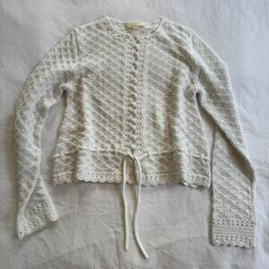 Sezane white crochet cardigan with pom poms and tie detail